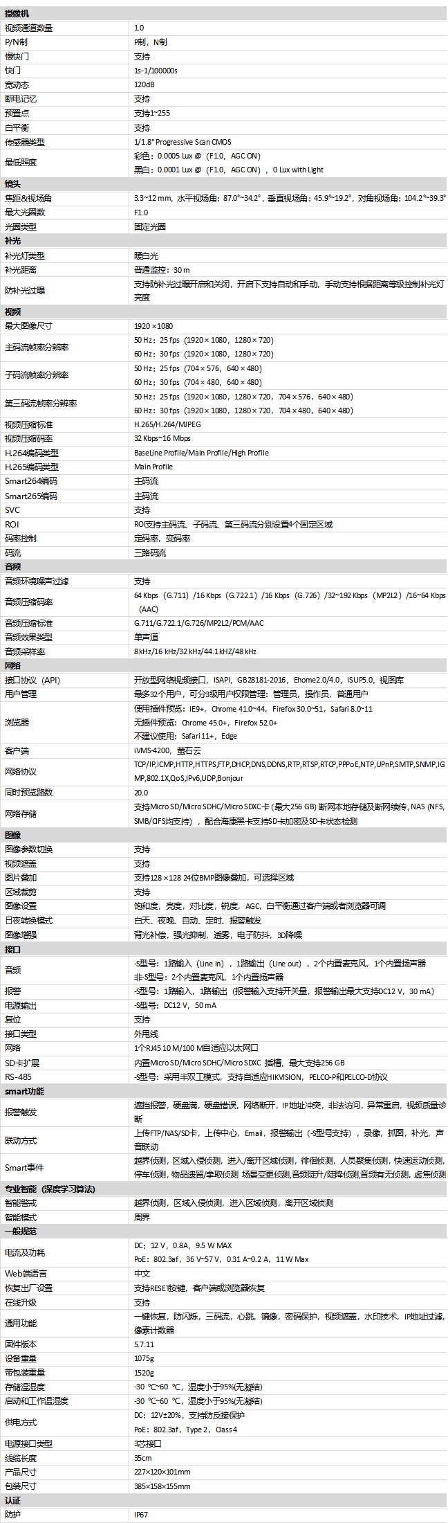 DS-2CD5A27EFWDV2-LZ(S)技術(shù)參數(shù)